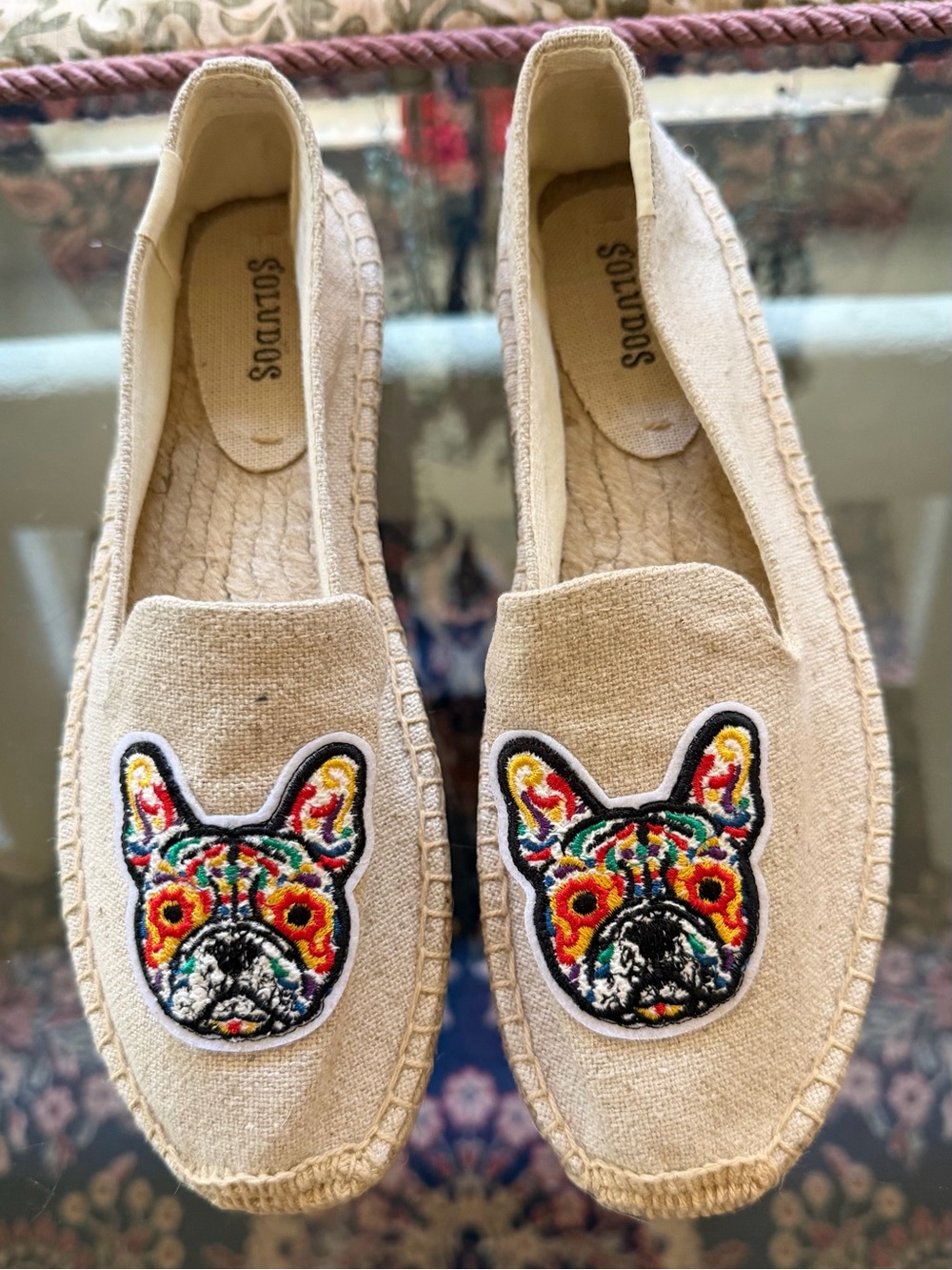 Soludos Beige Espadrilles with Multicolor Embroidered French Bulldog Patch